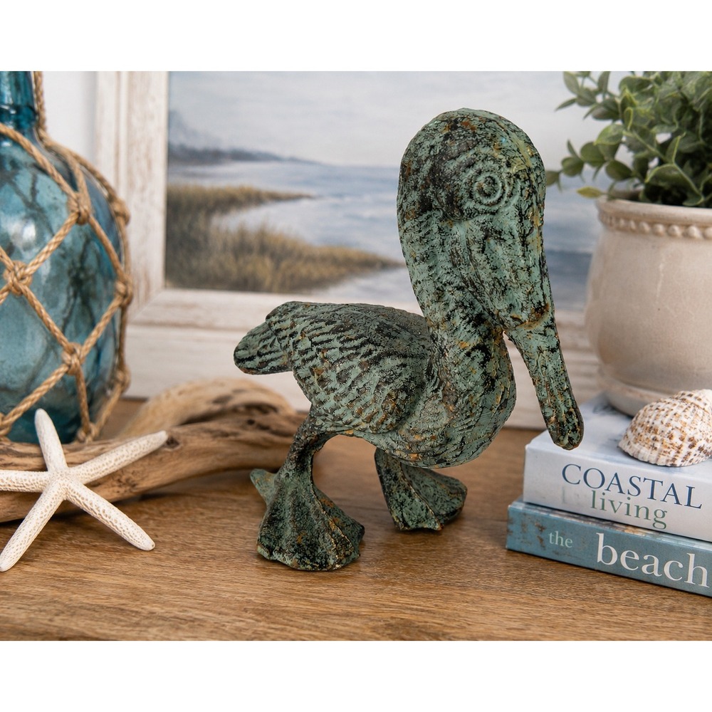 Cast Iron Pelican Figurine Verdigris Green Patina Coastal Nautical Beach Decor